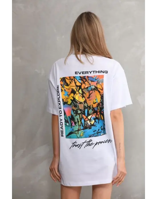 SBRD- Kadın Bisiklet Yaka Baskılı Oversize T-shirt - Beyaz