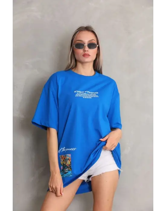 SBRD- Kadın Bisiklet Yaka Baskılı Oversize T-shirt - Mavi