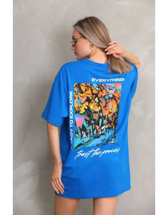 SBRD- Kadın Bisiklet Yaka Baskılı Oversize T-shirt - Mavi