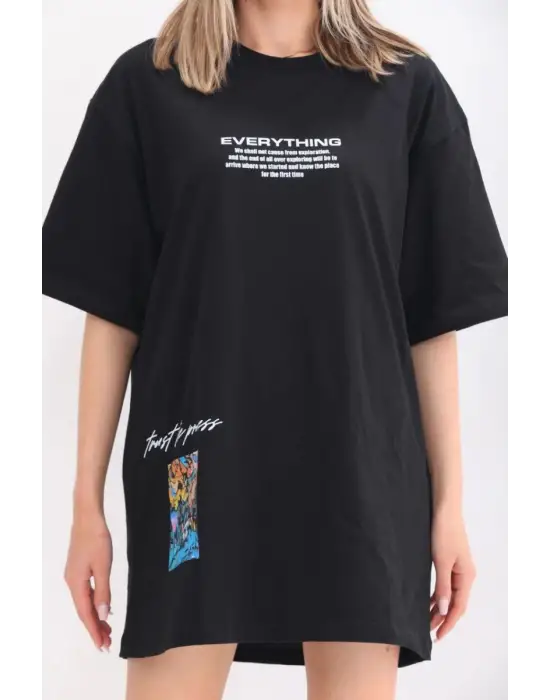 SBRD- Kadın  Bisiklet Yaka Baskılı Oversize T-shirt - Siyah
