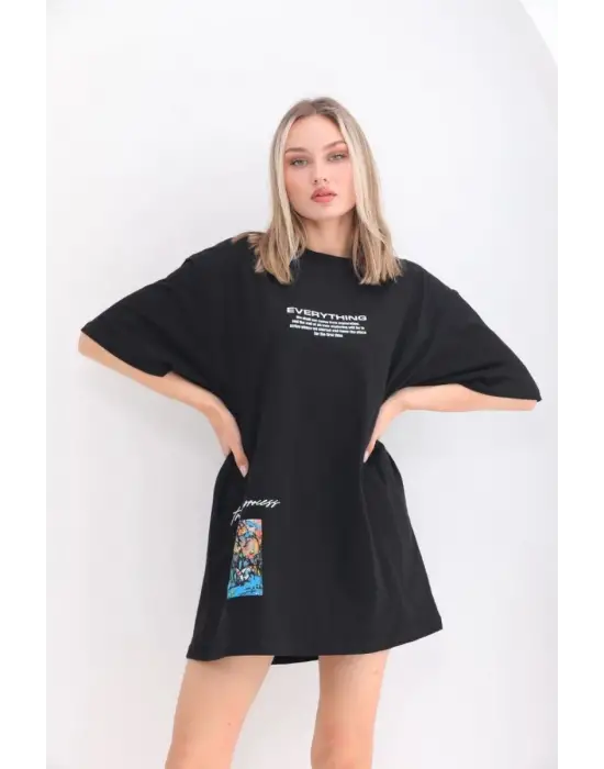 SBRD- Kadın  Bisiklet Yaka Baskılı Oversize T-shirt - Siyah