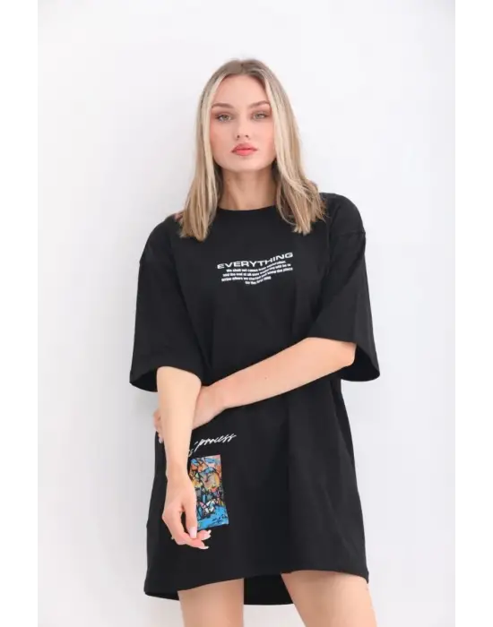 SBRD- Kadın  Bisiklet Yaka Baskılı Oversize T-shirt - Siyah