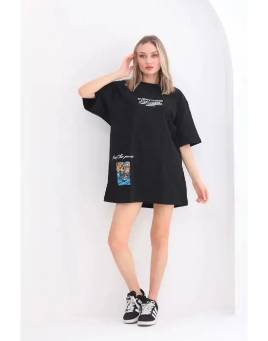 SBRD- Kadın  Bisiklet Yaka Baskılı Oversize T-shirt - Siyah