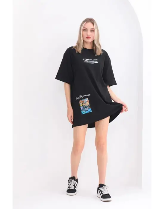 SBRD- Kadın  Bisiklet Yaka Baskılı Oversize T-shirt - Siyah