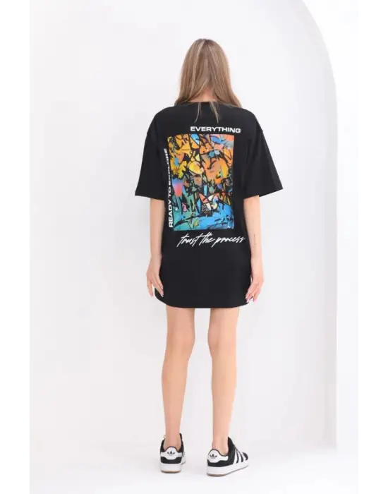 SBRD- Kadın  Bisiklet Yaka Baskılı Oversize T-shirt - Siyah