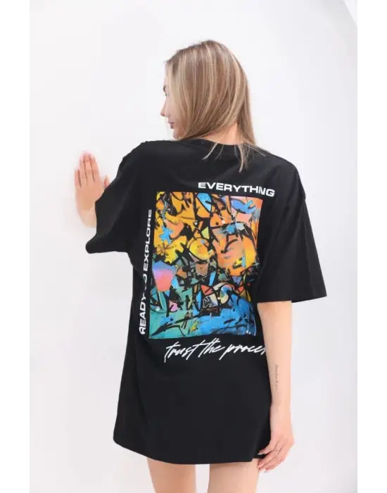 SBRD- Kadın  Bisiklet Yaka Baskılı Oversize T-shirt - Siyah