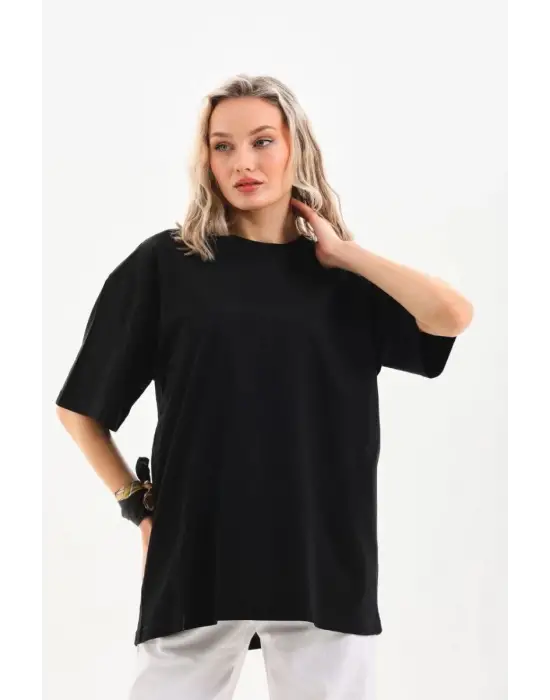 SBRD- Kadın Düz  kısa Kol Penye T-shirt - Siyah