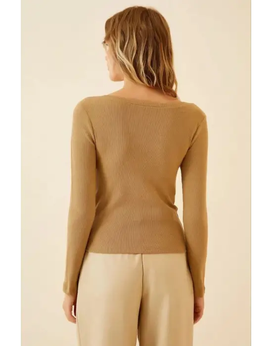 SBRD- Kadın Fitilli Likralı Body Crop - Camel