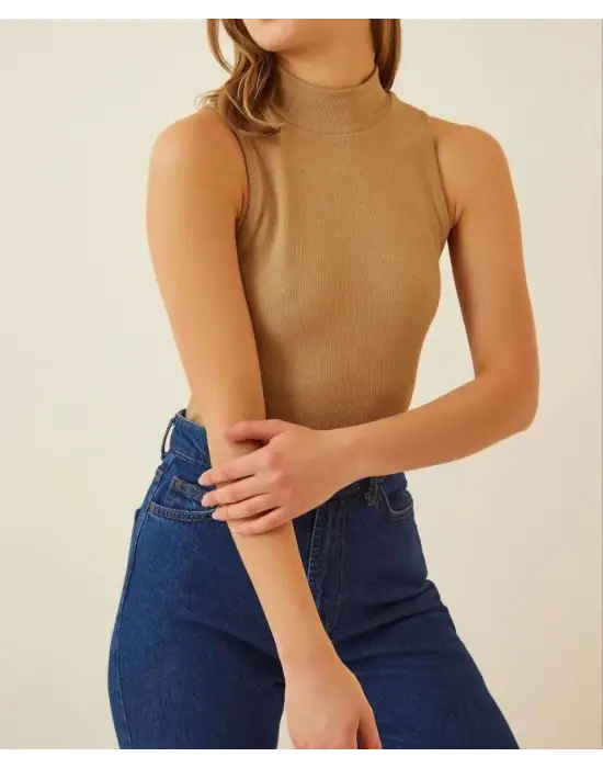 SBRD- Kadın Full Likralı Fitilli Kaşkorse Body - Camel