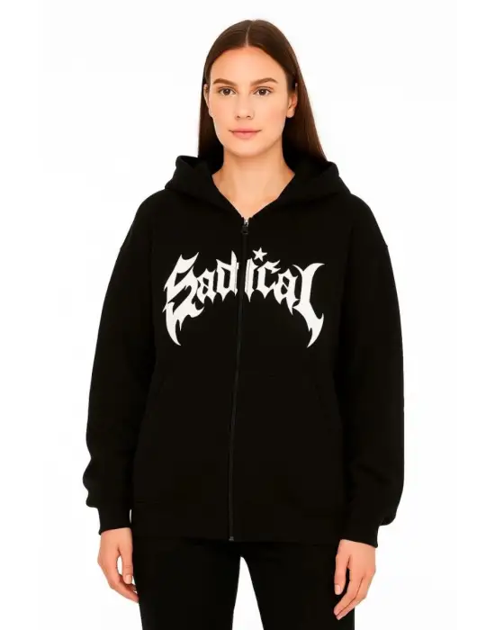 SBRD- Kadın Kapüşonlu 3 İplik Şardonlu Önü Baskılı Fermuarlı Oversize Sweatshirt - Siyah