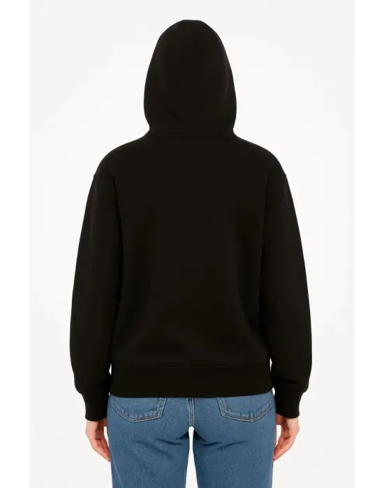 SBRD- Kadın Kapüşonlu 3 İplik Şardonlu Önü Baskılı Fermuarlı Oversize Sweatshirt - Siyah