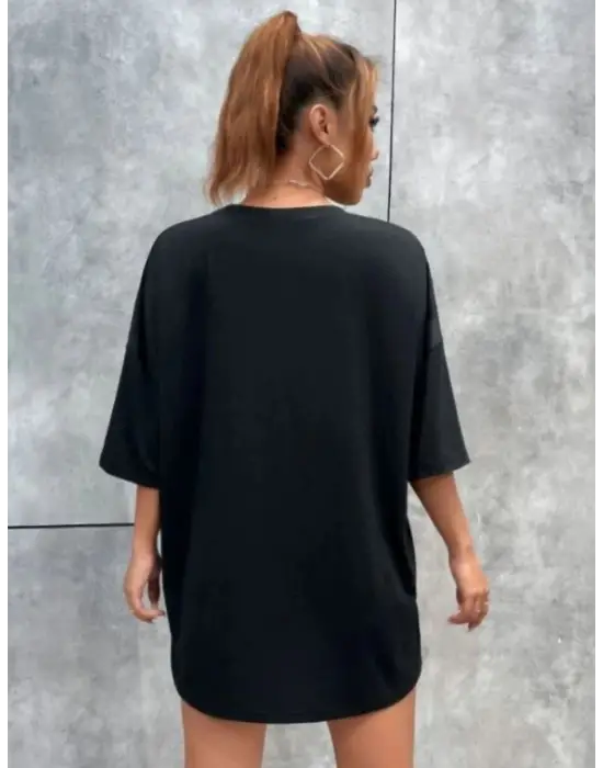 SBRD- Kadın Kelebek Baskılı Oversize Kısa Kol T-shirt - Siyah