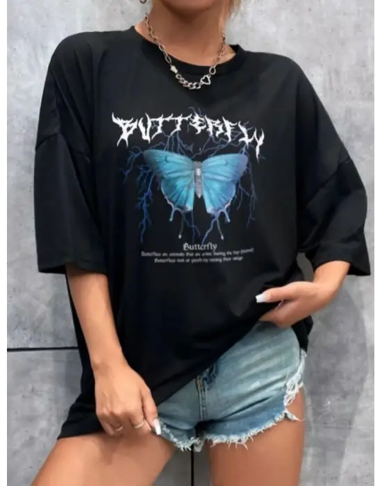 SBRD- Kadın Kelebek Baskılı Oversize Kısa Kol T-shirt - Siyah