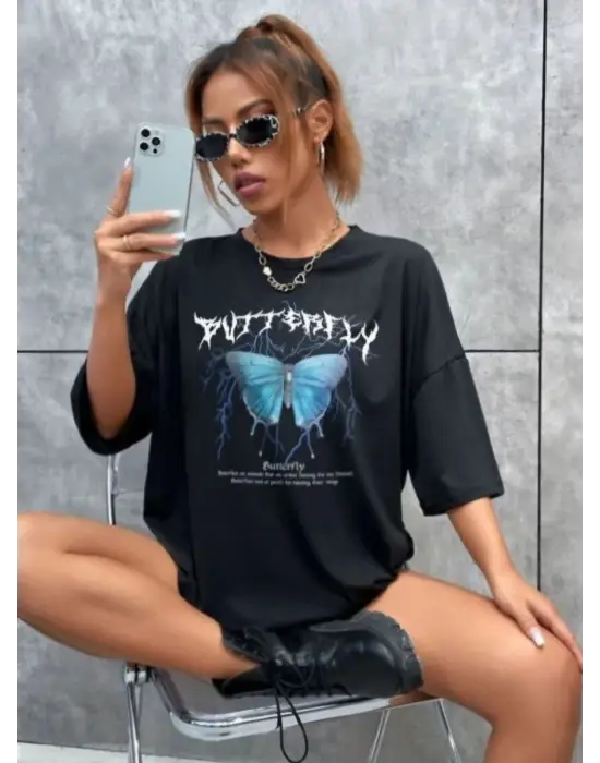 SBRD- Kadın Kelebek Baskılı Oversize Kısa Kol T-shirt - Siyah