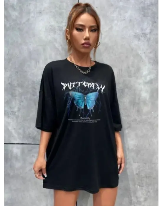 SBRD- Kadın Kelebek Baskılı Oversize Kısa Kol T-shirt - Siyah