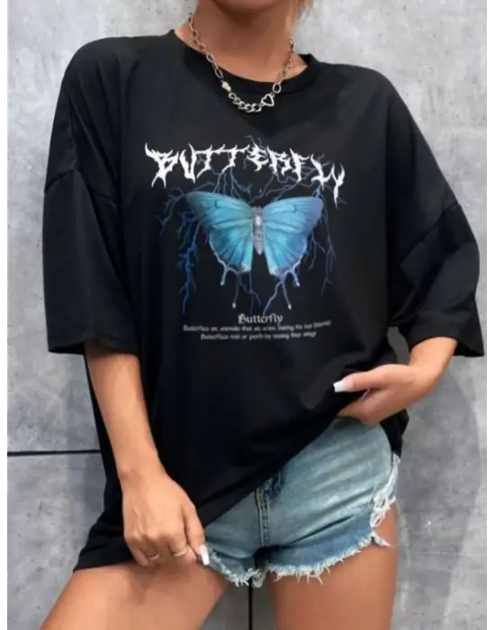 SBRD- Kadın Kelebek Baskılı Oversize Kısa Kol T-shirt - Siyah