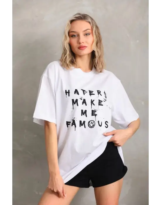 SBRD- Kadın Ön Ve Arka Baskılı Oversize kısa Kol  T-shirt - Beyaz