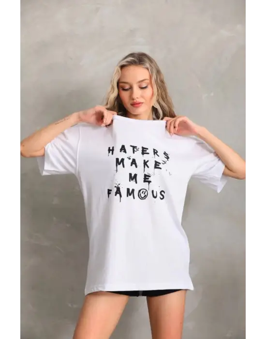 SBRD- Kadın Ön Ve Arka Baskılı Oversize kısa Kol  T-shirt - Beyaz
