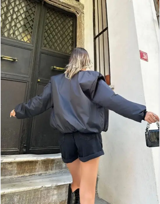 SBRD- Kadın Oversize Bomber Ceket – Siyah, Fermuarlı, Sokak Modası Tarzı Mont - Siyah
