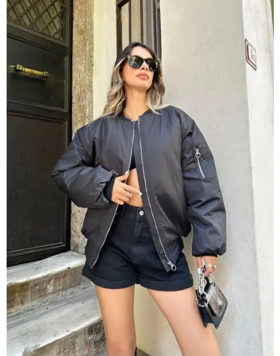 SBRD- Kadın Oversize Bomber Ceket – Siyah, Fermuarlı, Sokak Modası Tarzı Mont - Siyah