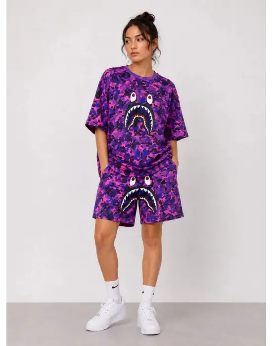 SBRD- Kadın Oversize Kalıp Pubg Bape X Shark Nakışlı Cepli Şort Takım - Mor