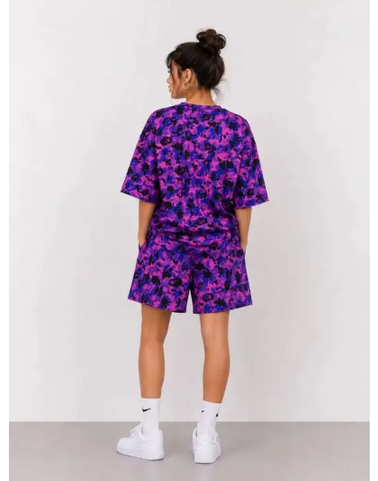 SBRD- Kadın Oversize Kalıp Pubg Bape X Shark Nakışlı Cepli Şort Takım - Mor