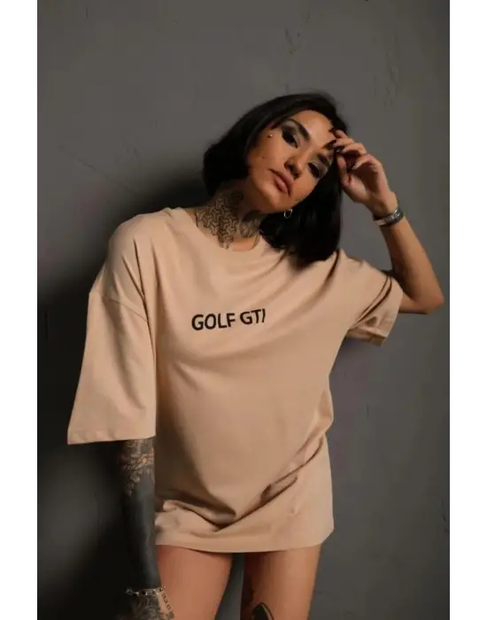 SBRD- Kadın Oversize Tişört Golf Gtı Retro Araba Baskılı T-shirt - Bej