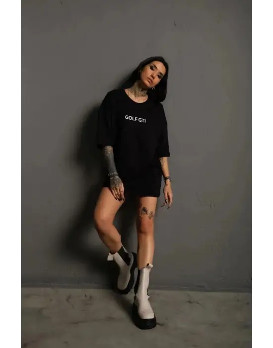 SBRD- Kadın Oversize Tişört Golf Gtı Retro Araba Baskılı T-shirt- Siyah