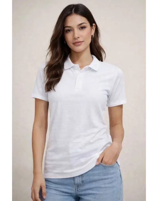 SBRD- Kadın Polo Yaka Pike Kumaş Düğmeli Basic Tişört T-shirt Günlük Rahat - Beyaz