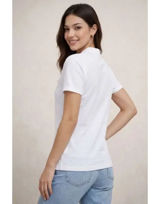 SBRD- Kadın Polo Yaka Pike Kumaş Düğmeli Basic Tişört T-shirt Günlük Rahat - Beyaz