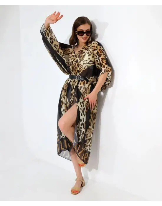 SBRD- Kadın Rahat Kesim Şifon Kimono - Leopar