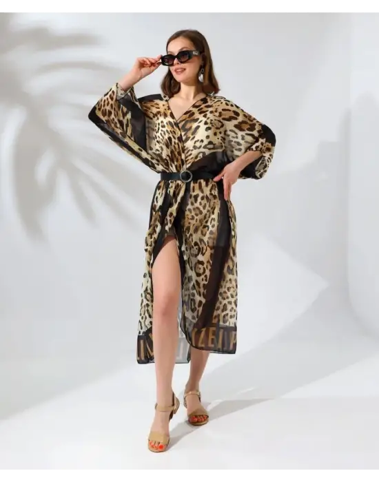 SBRD- Kadın Rahat Kesim Şifon Kimono - Leopar
