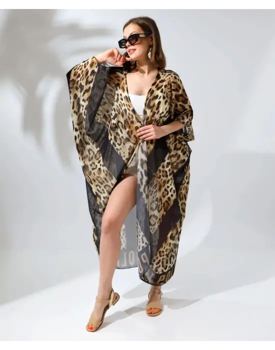 SBRD- Kadın Rahat Kesim Şifon Kimono - Leopar