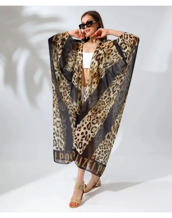 SBRD- Kadın Rahat Kesim Şifon Kimono - Leopar