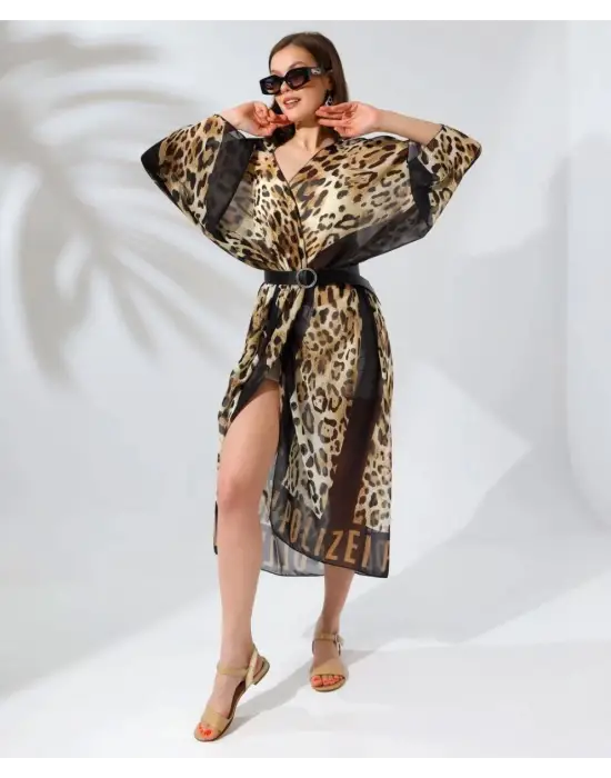 SBRD- Kadın Rahat Kesim Şifon Kimono - Leopar