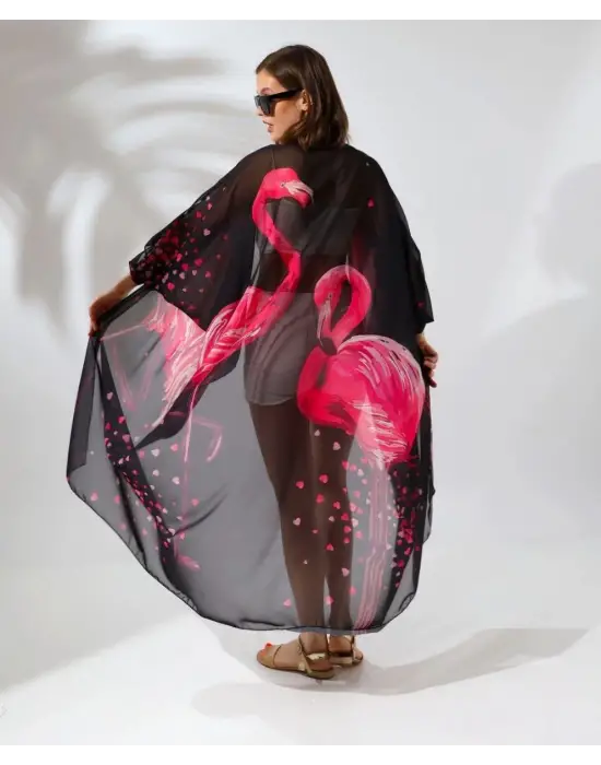 SBRD- Kadın Rahat Kesim Şifon Kimono - Siyah