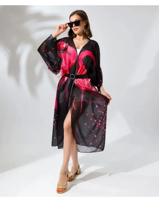 SBRD- Kadın Rahat Kesim Şifon Kimono - Siyah