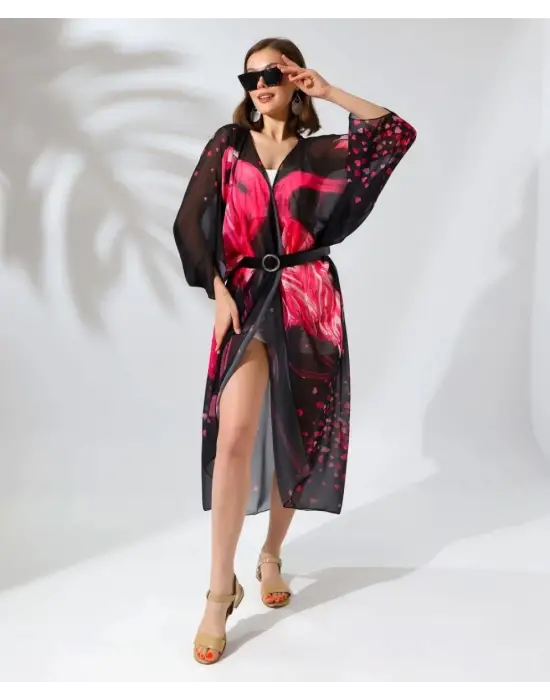 SBRD- Kadın Rahat Kesim Şifon Kimono - Siyah
