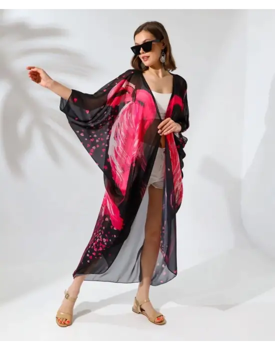 SBRD- Kadın Rahat Kesim Şifon Kimono - Siyah