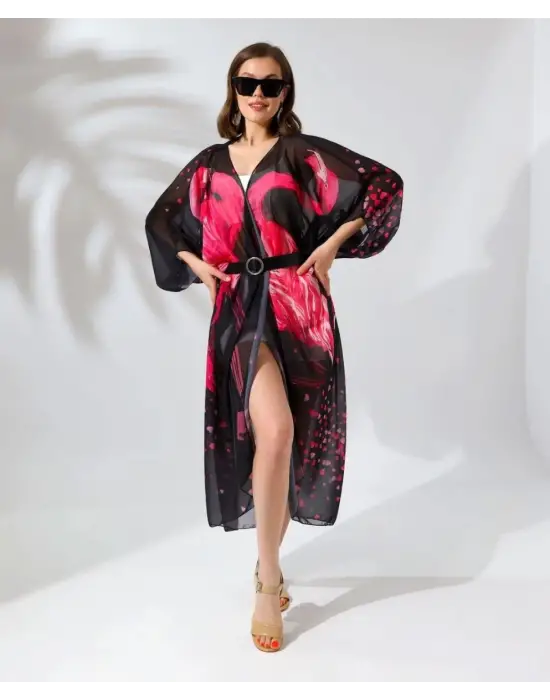 SBRD- Kadın Rahat Kesim Şifon Kimono - Siyah