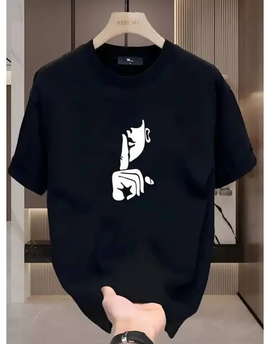 SBRD- Kadın T-shirt Bisiklet Yaka Kısa Kol Baskılı Tişört - Siyah