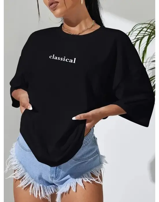 SBRD- Kadın T-shirt Penye Compack Classical Baskılı Kısa Kol Tişört - Siyah