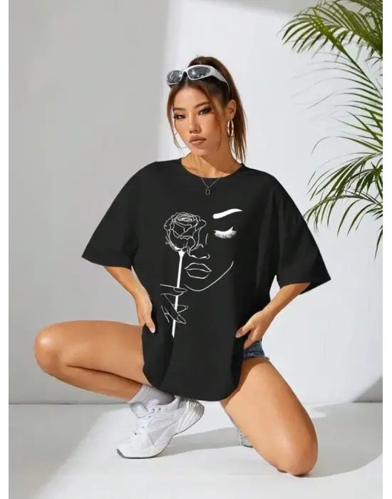 SBRD- Kadın Tişört Baskılı Kısa Kol Oversize T-shirt - Siyah
