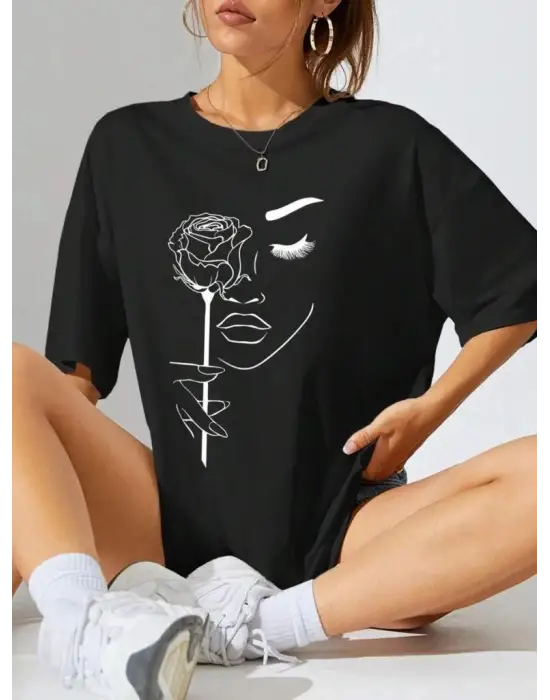 SBRD- Kadın Tişört Baskılı Kısa Kol Oversize T-shirt - Siyah