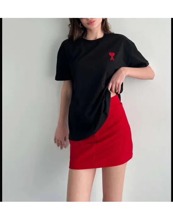 SBRD- Kadın Tişört Bisiklet Yaka Baskılı Oversize Kısa Kol T-shirt - Siyah