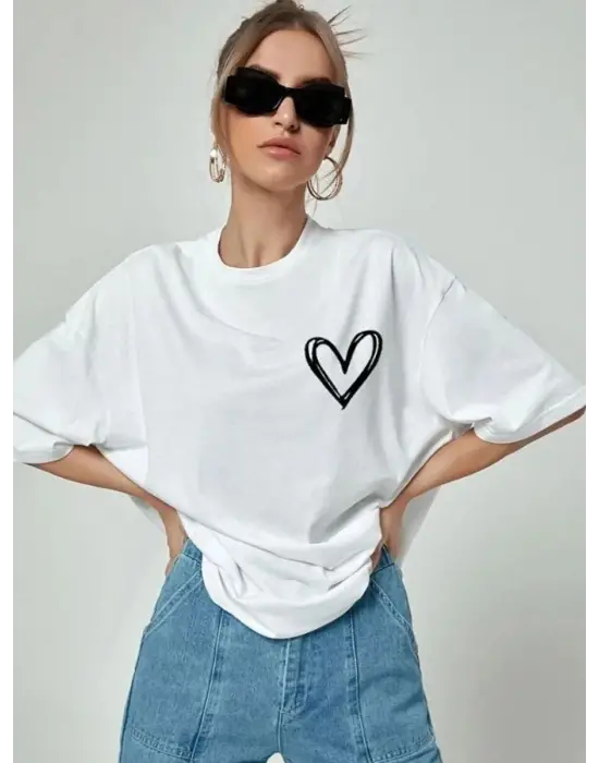 SBRD- Kadın Tişört Bisiklet Yaka Baskılı Oversize T-shirt - Beyaz