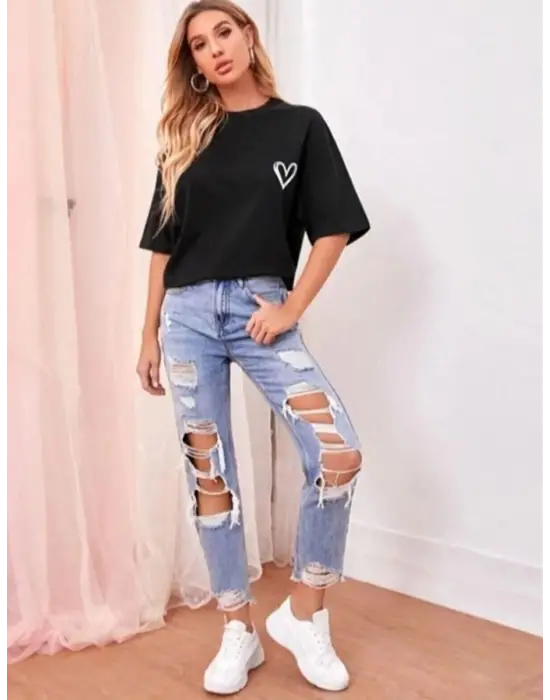 SBRD- Kadın Tişört Bisiklet Yaka Baskılı Oversize T-shirt - Siyah