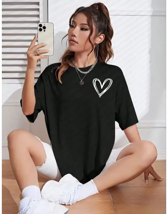 SBRD- Kadın Tişört Bisiklet Yaka Baskılı Oversize T-shirt - Siyah