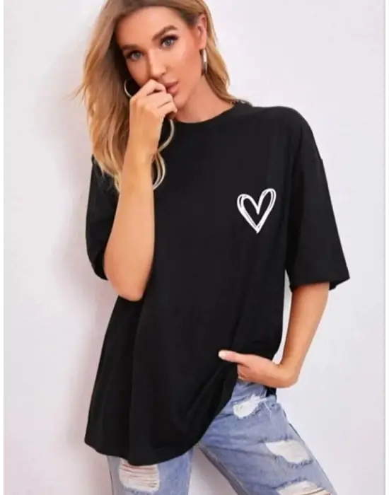 SBRD- Kadın Tişört Bisiklet Yaka Baskılı Oversize T-shirt - Siyah