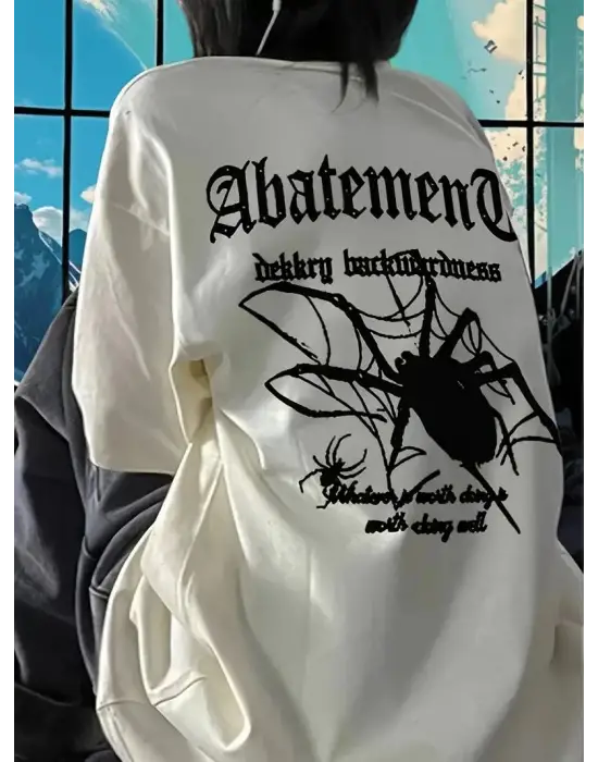 SBRD- Kadın Tişört Örümcek Baskılı Bisiklet Yaka T-shirt - Beyaz